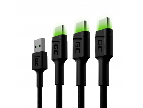 Készlet 3x Kábel USB-C 200cm LED Green Cell Ray, gyors töltéssel, Ultra Charge, Quick Charge 3.0