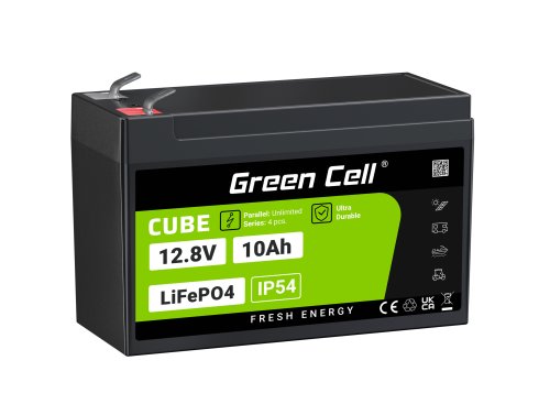 Green Cell CUBE LiFePO4 akkumulátor 10Ah 12.8V 128Wh lítium vasfoszfát típusú Vészhelyzeti áramellátáshoz és vészvilágításhoz
