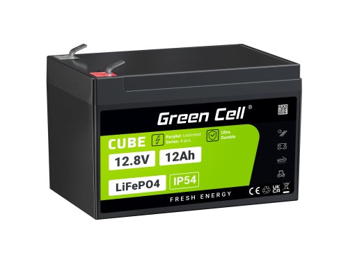 Green Cell CUBE LiFePO4 akkumulátor 12Ah 12.8V 153.6Wh lítium vasfoszfát típusú Kerekesszékekhez, Játékokhoz, Robogókhoz